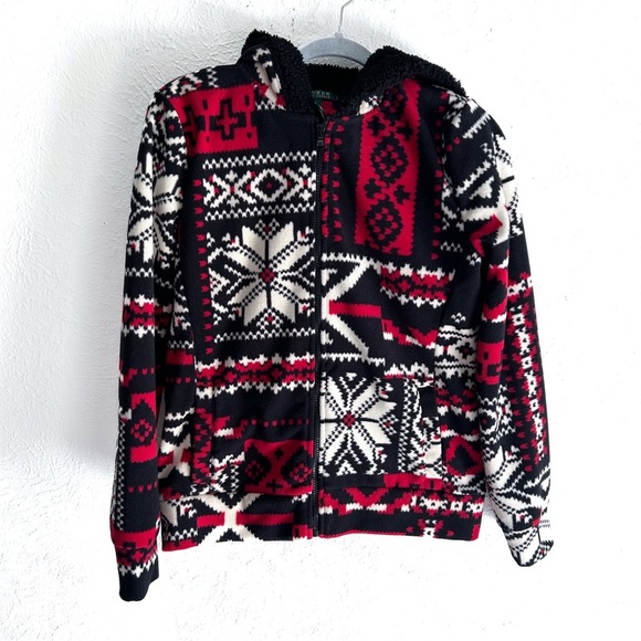 Lauren Ralph Lauren Fair Isle Fleece Hoodie Jacket Sz S Red Black - Picture 1 of 5